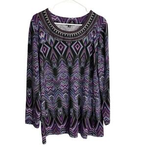 The Pyramid Collection Womens Tunic Top Sweater Size XL Purple Black Geo Boho